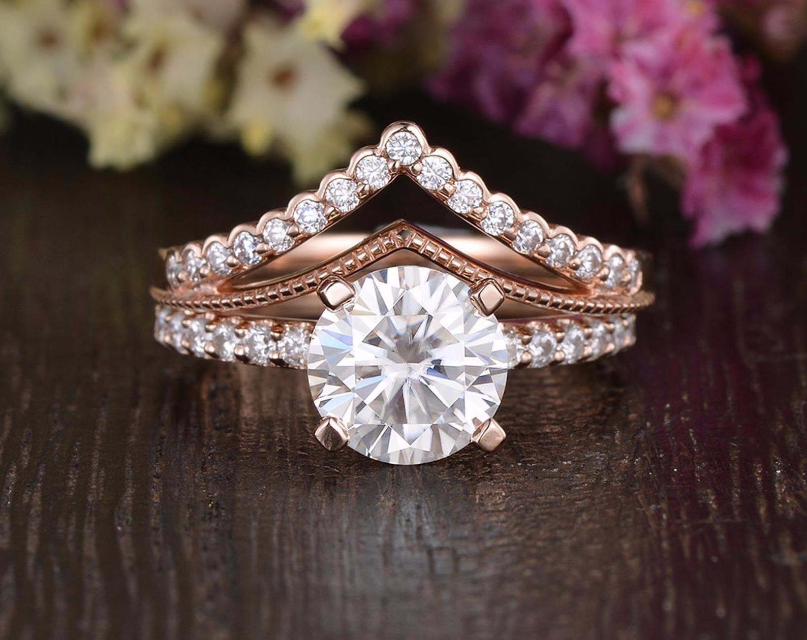 1.0 CT Round Cut Solitaire Pave Moissanite Bridal Ring Set 1 1.0 CT Round Cut Solitaire Pave Moissanite Bridal Ring Set 1