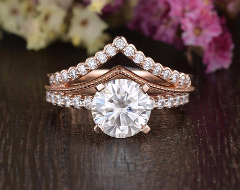 1.0 CT Round Cut Solitaire Pave Moissanite Bridal Ring Set 1 1.0 CT Round Cut Solitaire Pave Moissanite Bridal Ring Set 1