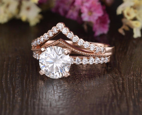 1.0 CT Round Cut Solitaire Pave Moissanite Bridal Ring Set 4 1.0 CT Round Cut Solitaire Pave Moissanite Bridal Ring Set 4
