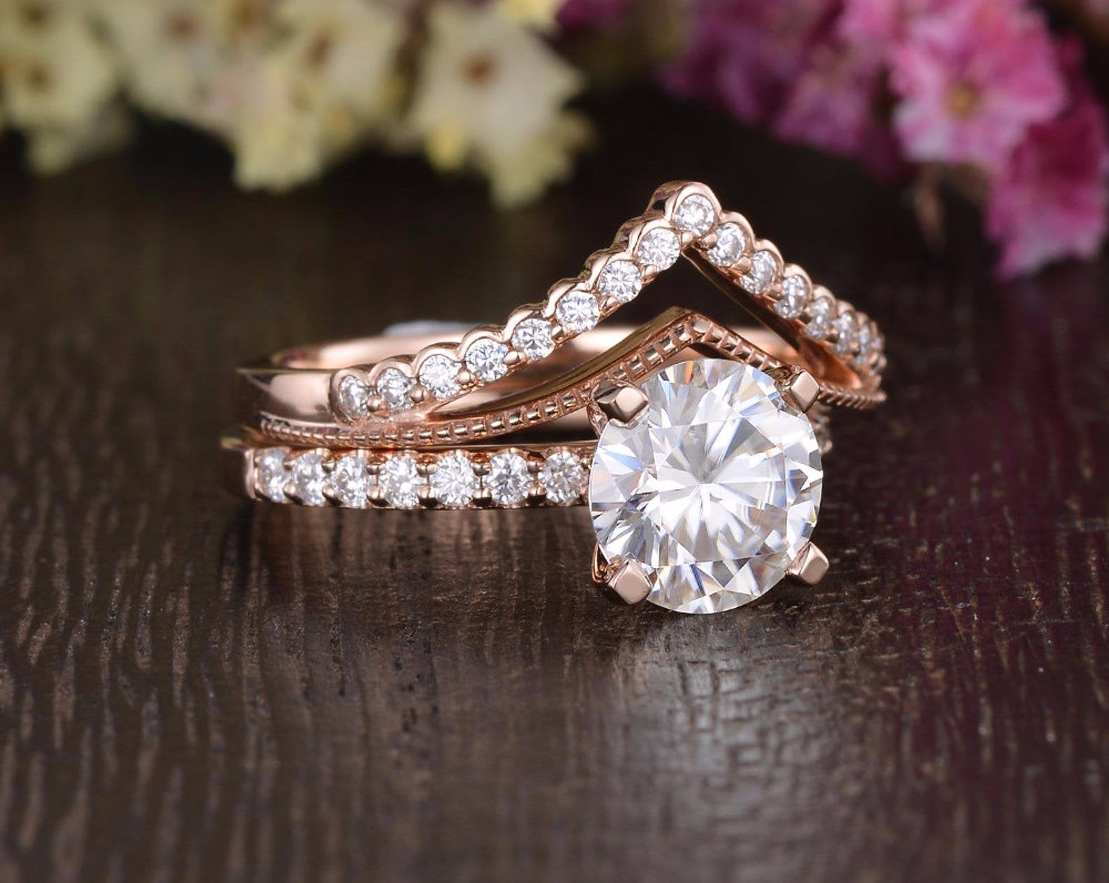 1.0 CT Round Cut Solitaire Pave Moissanite Bridal Ring Set 5 1.0 CT Round Cut Solitaire Pave Moissanite Bridal Ring Set 5