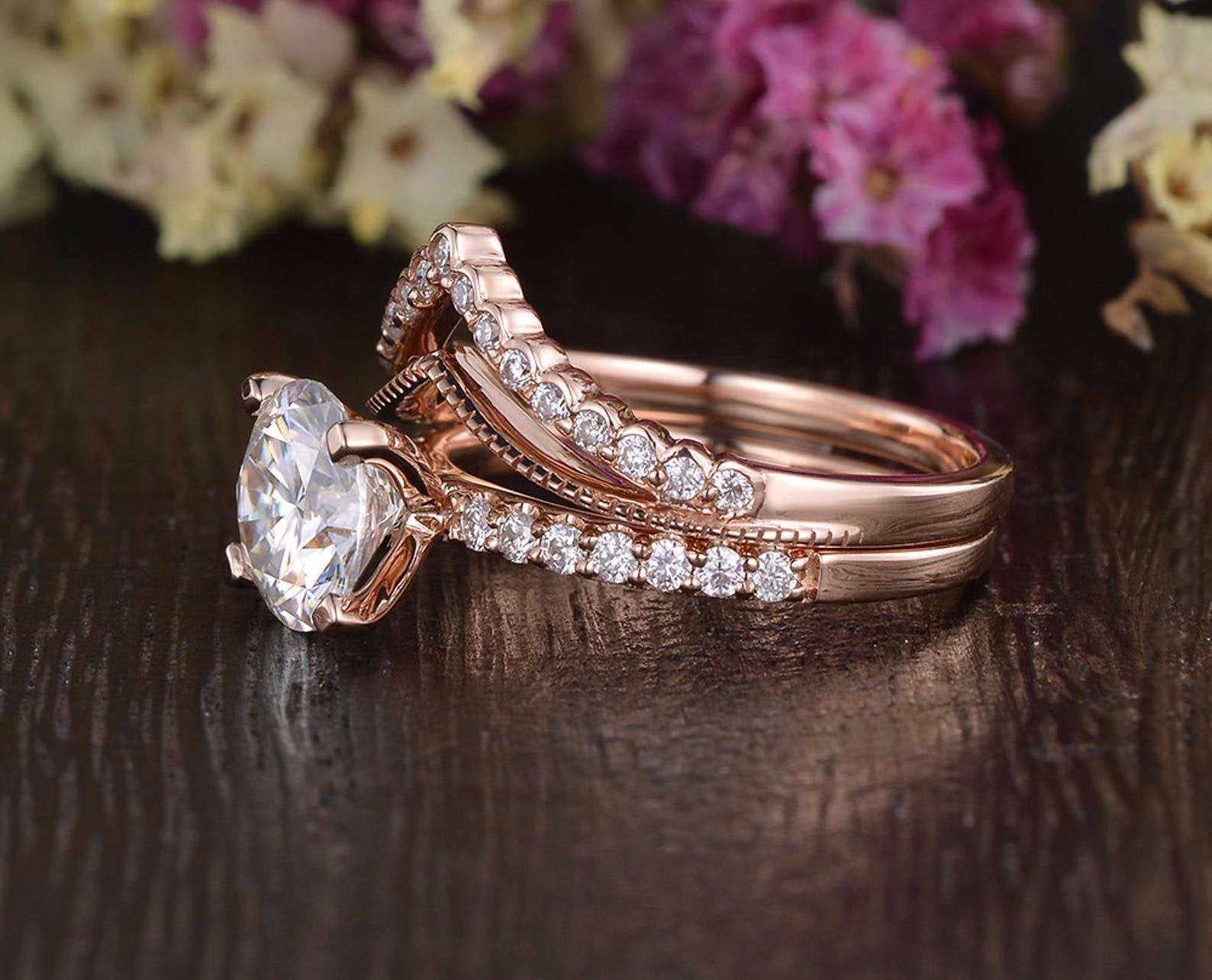 1.0 CT Round Cut Solitaire Pave Moissanite Bridal Ring Set 6 1.0 CT Round Cut Solitaire Pave Moissanite Bridal Ring Set 6