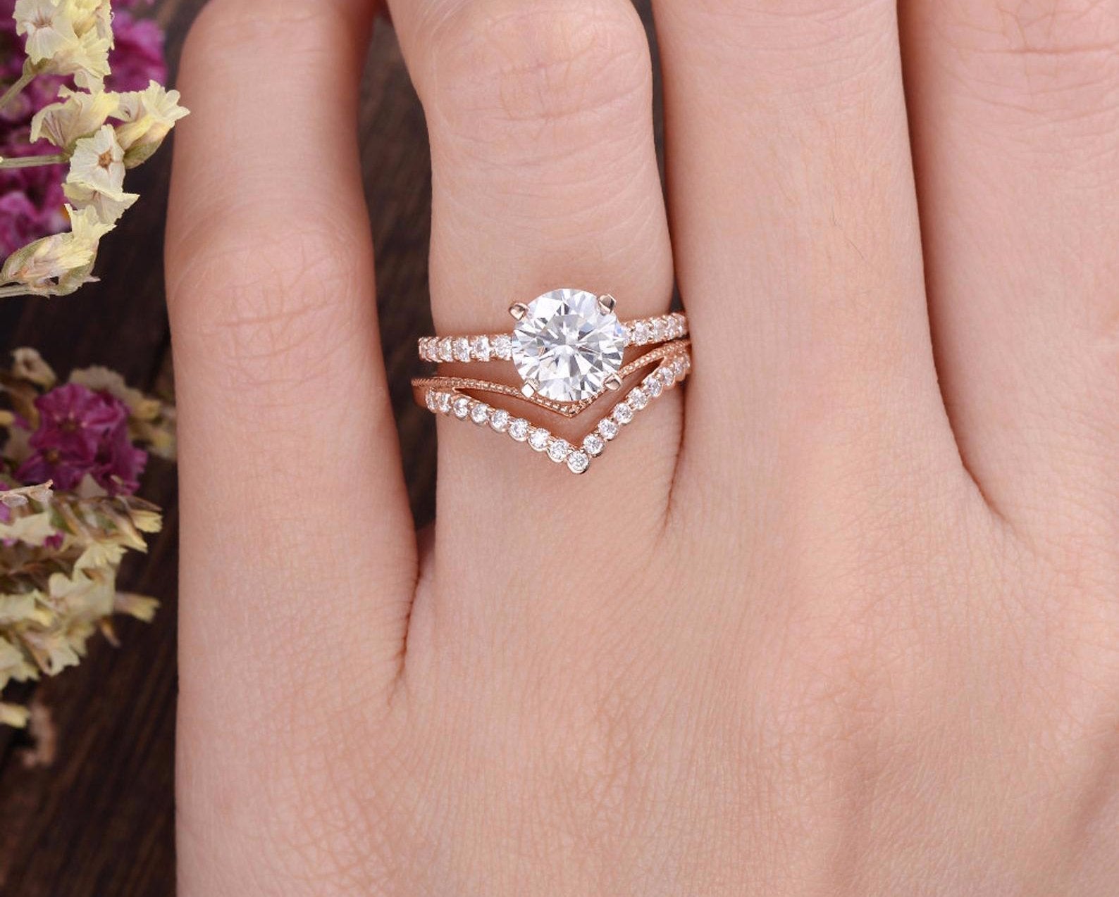 1.0 CT Round Cut Solitaire Pave Moissanite Bridal Ring Set 2 1.0 CT Round Cut Solitaire Pave Moissanite Bridal Ring Set 2
