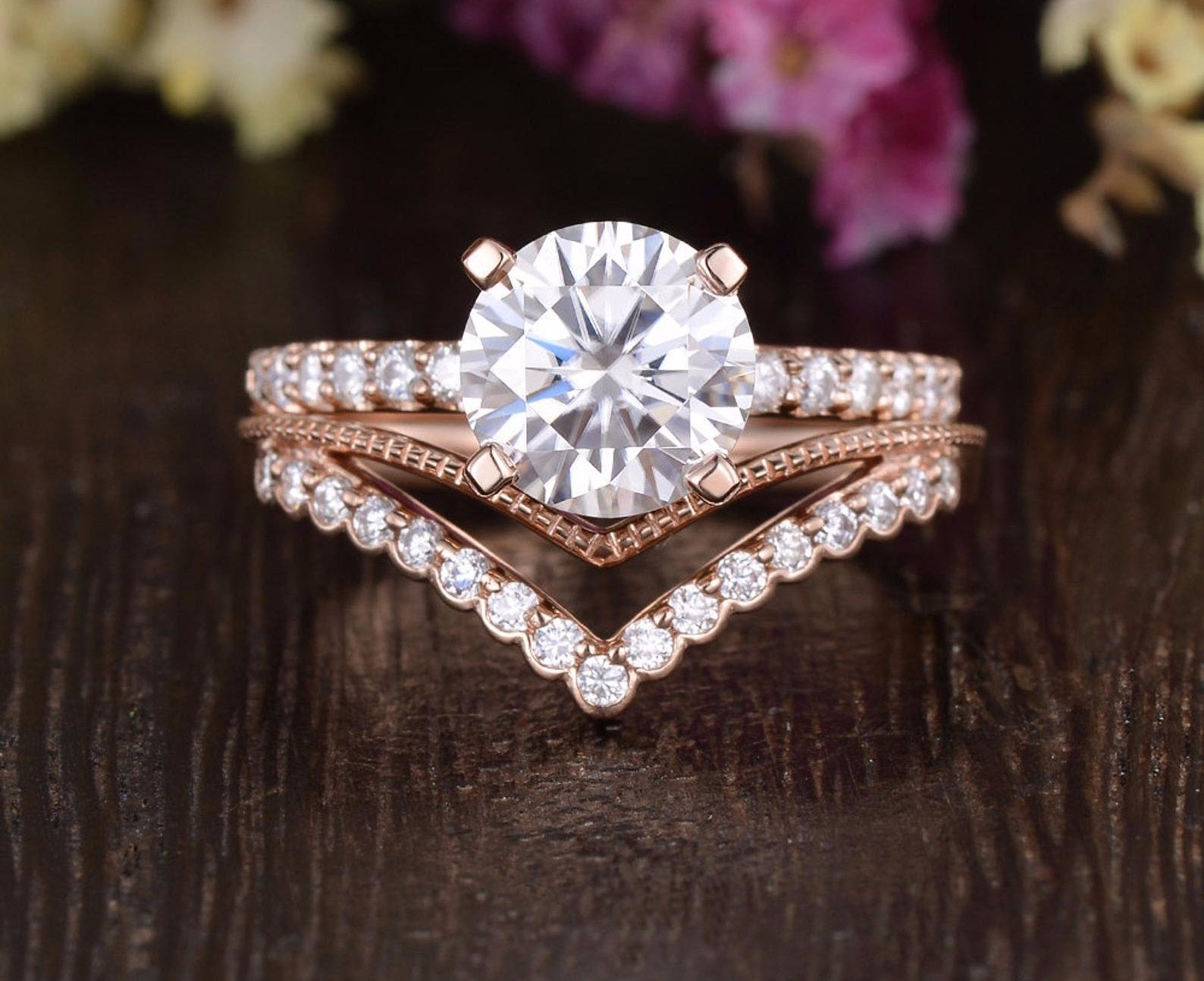 1.0 CT Round Cut Solitaire Pave Moissanite Bridal Ring Set 3 1.0 CT Round Cut Solitaire Pave Moissanite Bridal Ring Set 3