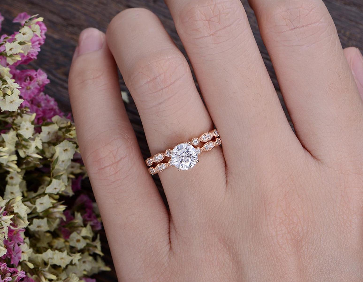 1.0 CT Round Cut Solitaire Milgrain Style Moissanite Bridal Ring Set 2 1.0 CT Round Cut Solitaire Milgrain Style Moissanite Bridal Ring Set 2