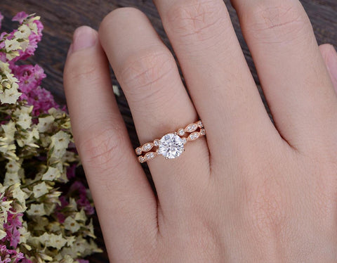 1.0 CT Round Cut Solitaire Milgrain Style Moissanite Bridal Ring Set 2 1.0 CT Round Cut Solitaire Milgrain Style Moissanite Bridal Ring Set 2