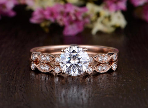 1.0 CT Round Cut Solitaire Milgrain Style Moissanite Bridal Ring Set 3 1.0 CT Round Cut Solitaire Milgrain Style Moissanite Bridal Ring Set 3