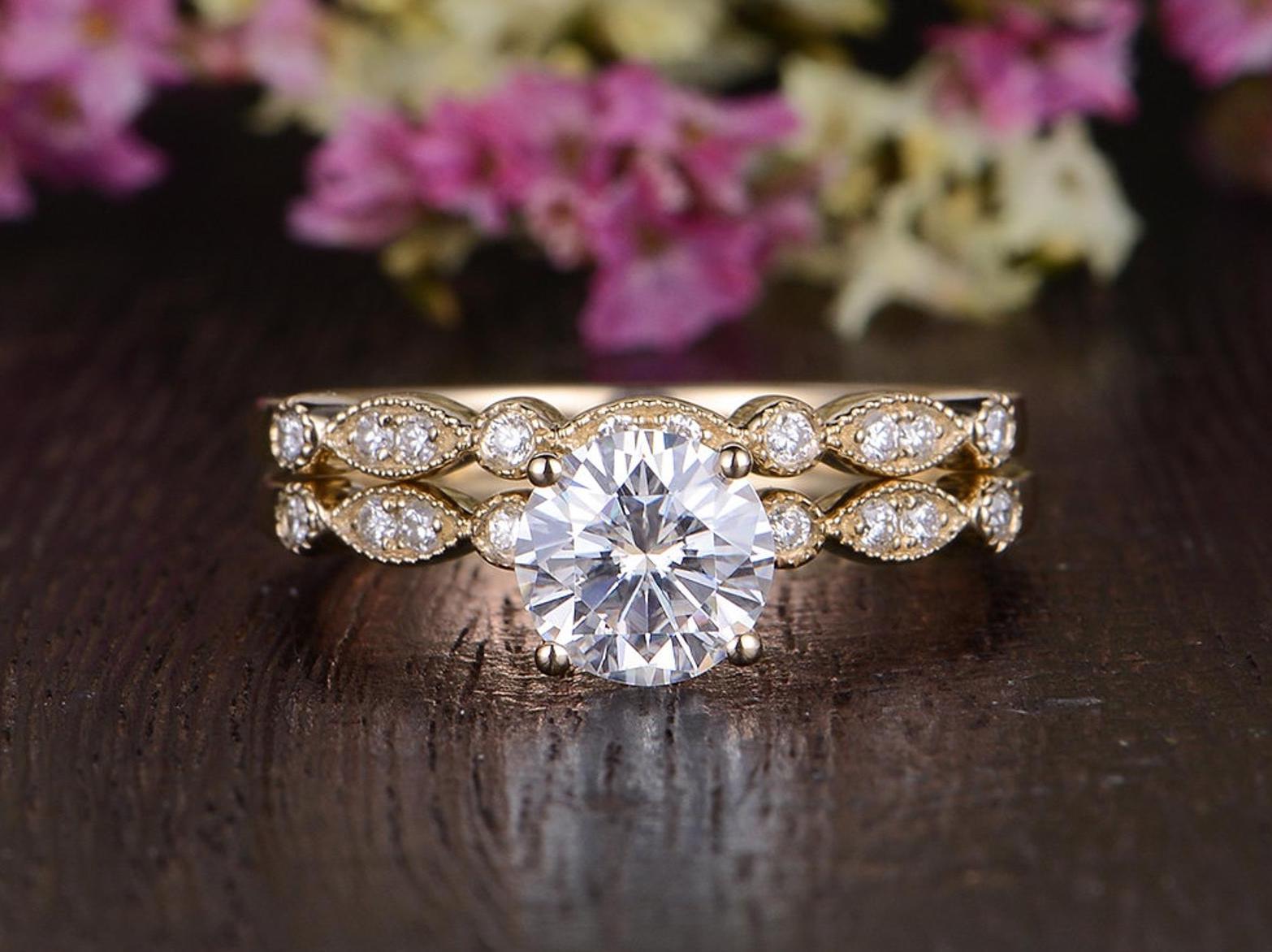 1.0 CT Round Cut Solitaire Milgrain Style Moissanite Bridal Ring Set 4 1.0 CT Round Cut Solitaire Milgrain Style Moissanite Bridal Ring Set 4