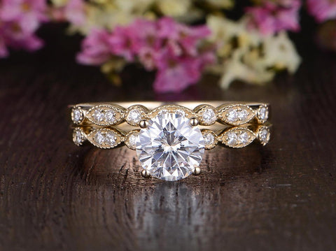 1.0 CT Round Cut Solitaire Milgrain Style Moissanite Bridal Ring Set 4 1.0 CT Round Cut Solitaire Milgrain Style Moissanite Bridal Ring Set 4
