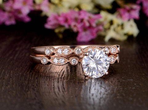 1.0 CT Round Cut Solitaire Milgrain Style Moissanite Bridal Ring Set 5 1.0 CT Round Cut Solitaire Milgrain Style Moissanite Bridal Ring Set 5