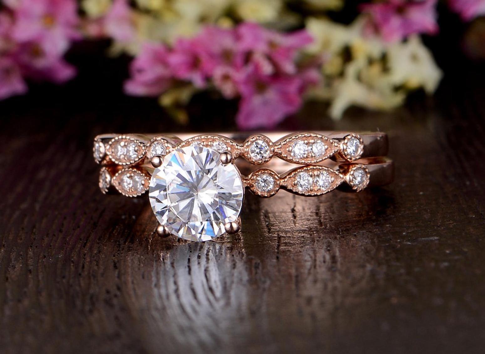 1.0 CT Round Cut Solitaire Milgrain Style Moissanite Bridal Ring Set 6 1.0 CT Round Cut Solitaire Milgrain Style Moissanite Bridal Ring Set 6