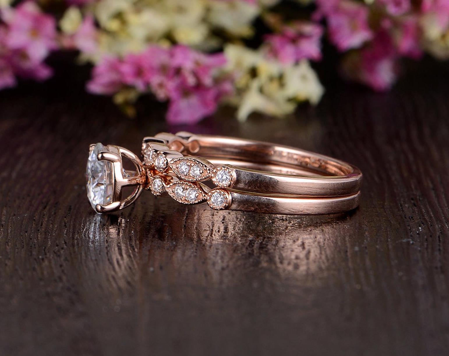 1.0 CT Round Cut Solitaire Milgrain Style Moissanite Bridal Ring Set 7 1.0 CT Round Cut Solitaire Milgrain Style Moissanite Bridal Ring Set 7