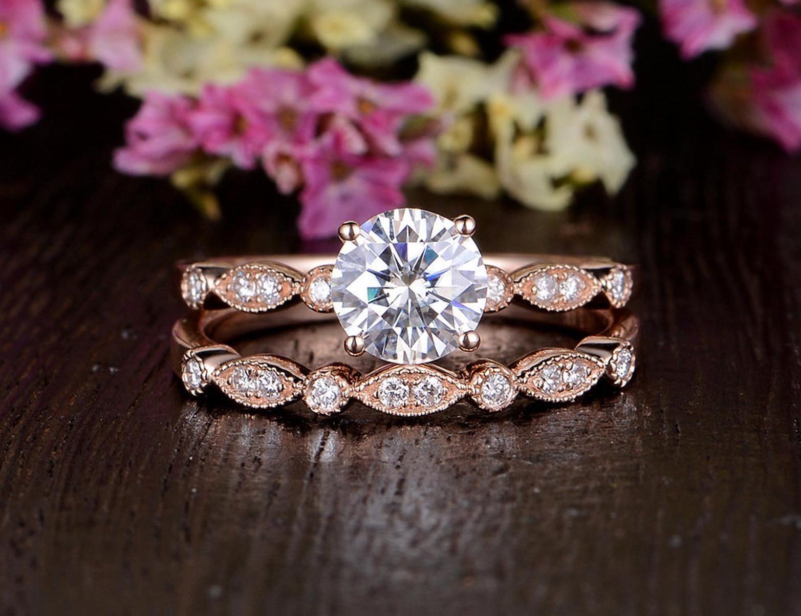 1.0 CT Round Cut Solitaire Milgrain Style Moissanite Bridal Ring Set 1 1.0 CT Round Cut Solitaire Milgrain Style Moissanite Bridal Ring Set 1