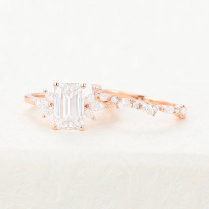 1.89 CT Emerald Moissanite Cluster Bridal Ring Set 4