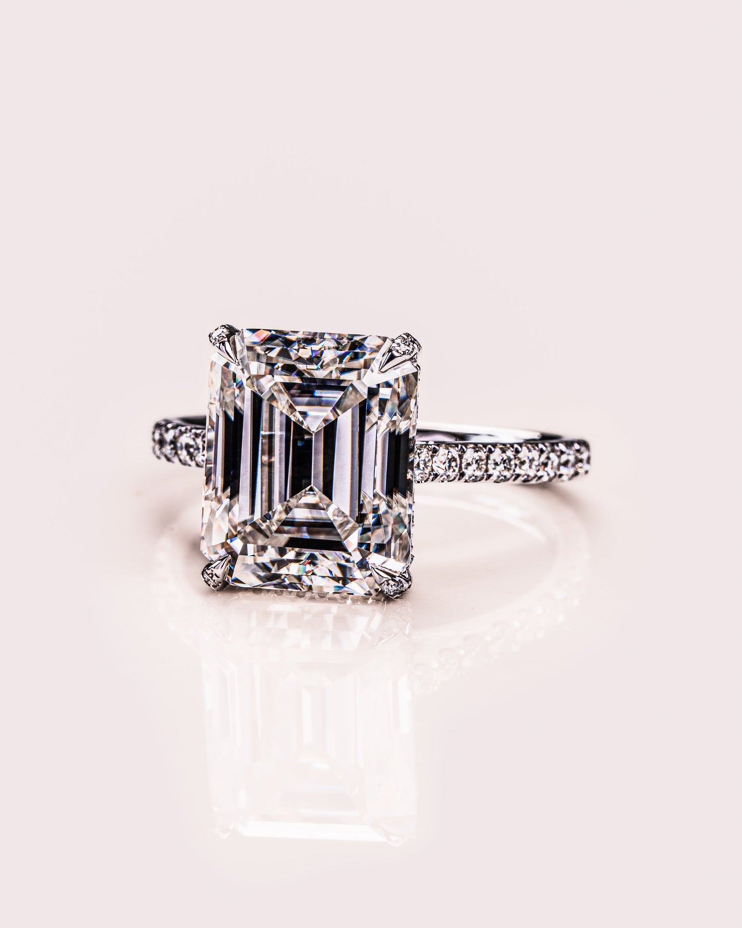 3.42 CT Emerald Cut Lab Grown Diamond Engagement Ring With Hidden Halo Setting