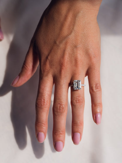 3.42 CT Emerald Cut Lab Grown Diamond Engagement Ring With Hidden Halo Setting
