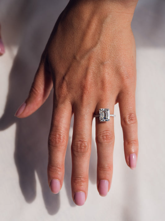 3.42 CT Emerald Cut Lab Grown Diamond Engagement Ring With Hidden Halo Setting