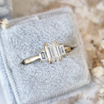 1.10 CT Emerald Three Stones Lab Grown Diamond Engagement Ring