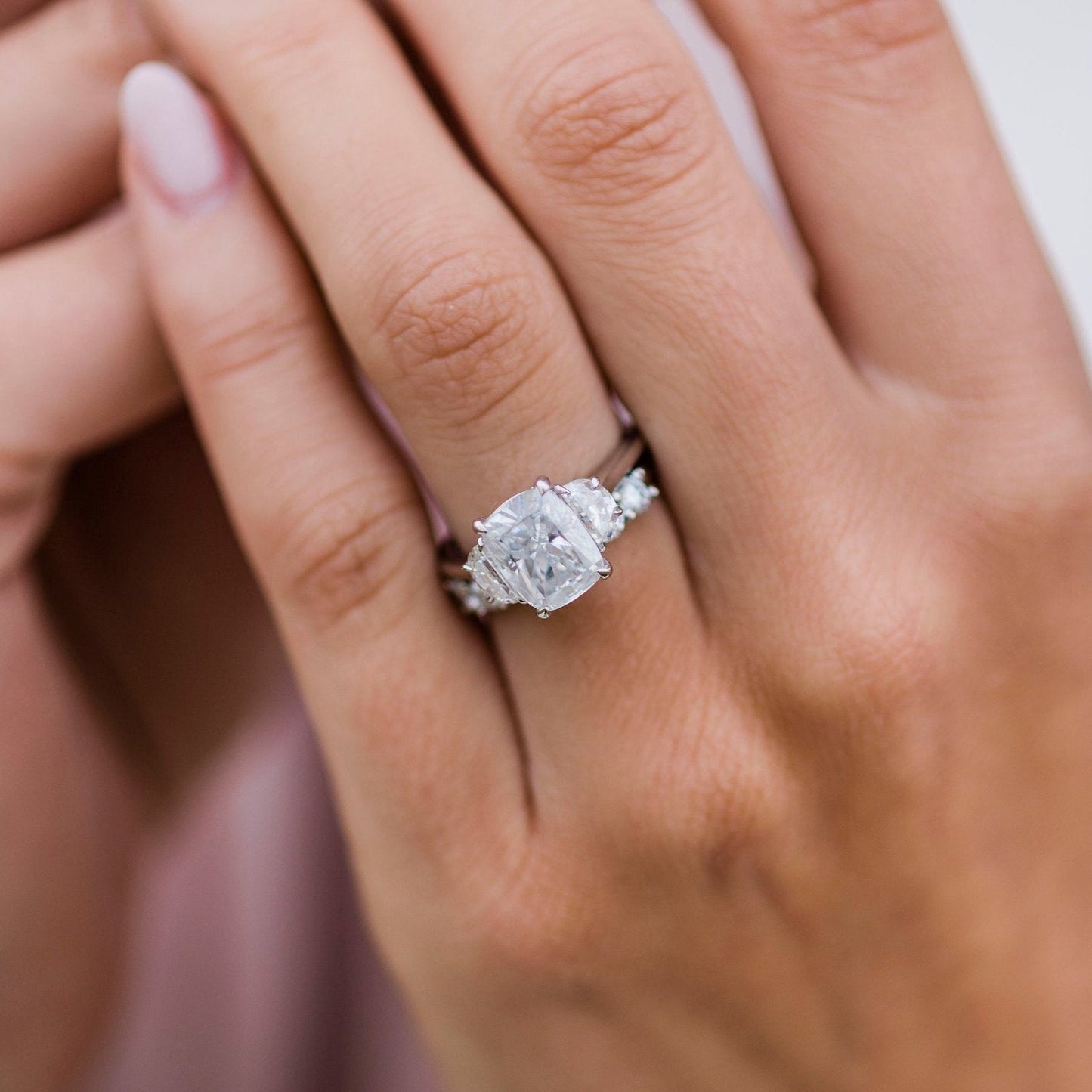 Elongated Cushion Three Stone Lab Grown Diamond Engagement Ring