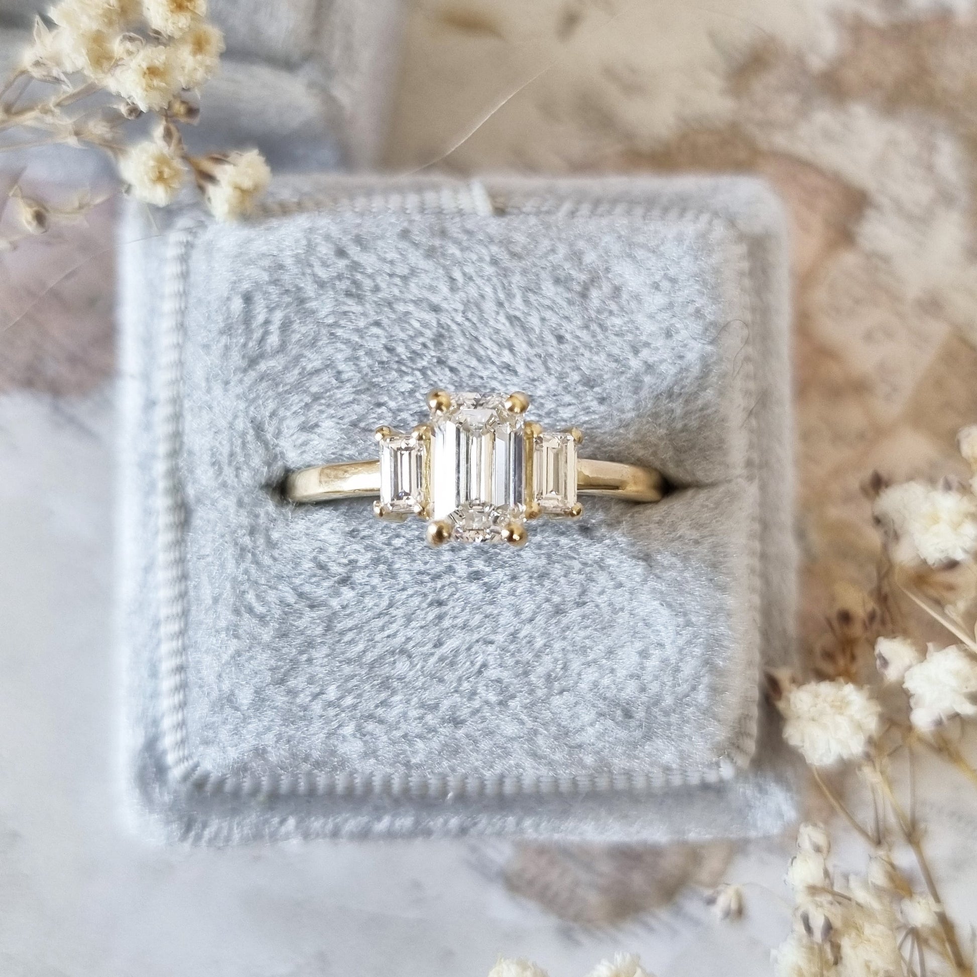 1.10 CT Emerald Three Stones Lab Grown Diamond Engagement Ring