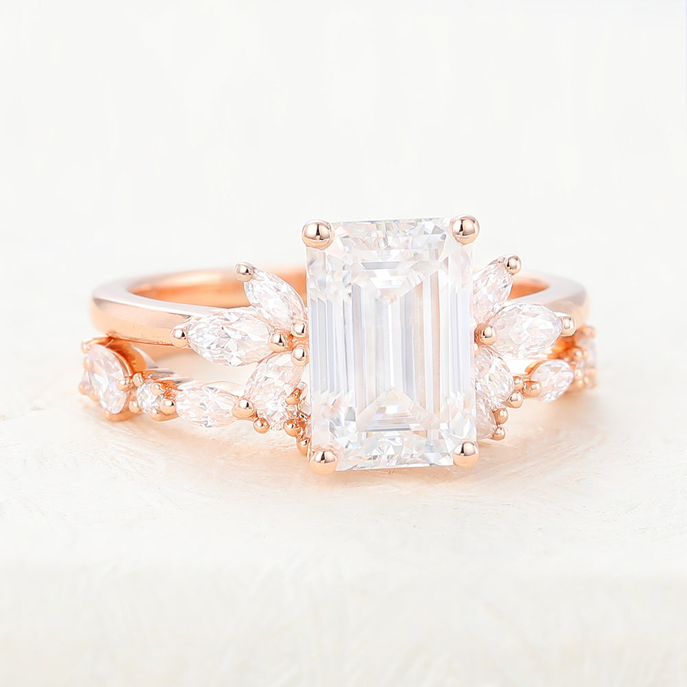 1.89 CT Emerald Moissanite Cluster Bridal Ring Set 5