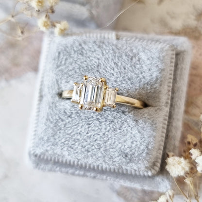 1.10 CT Emerald Three Stones Lab Grown Diamond Engagement Ring