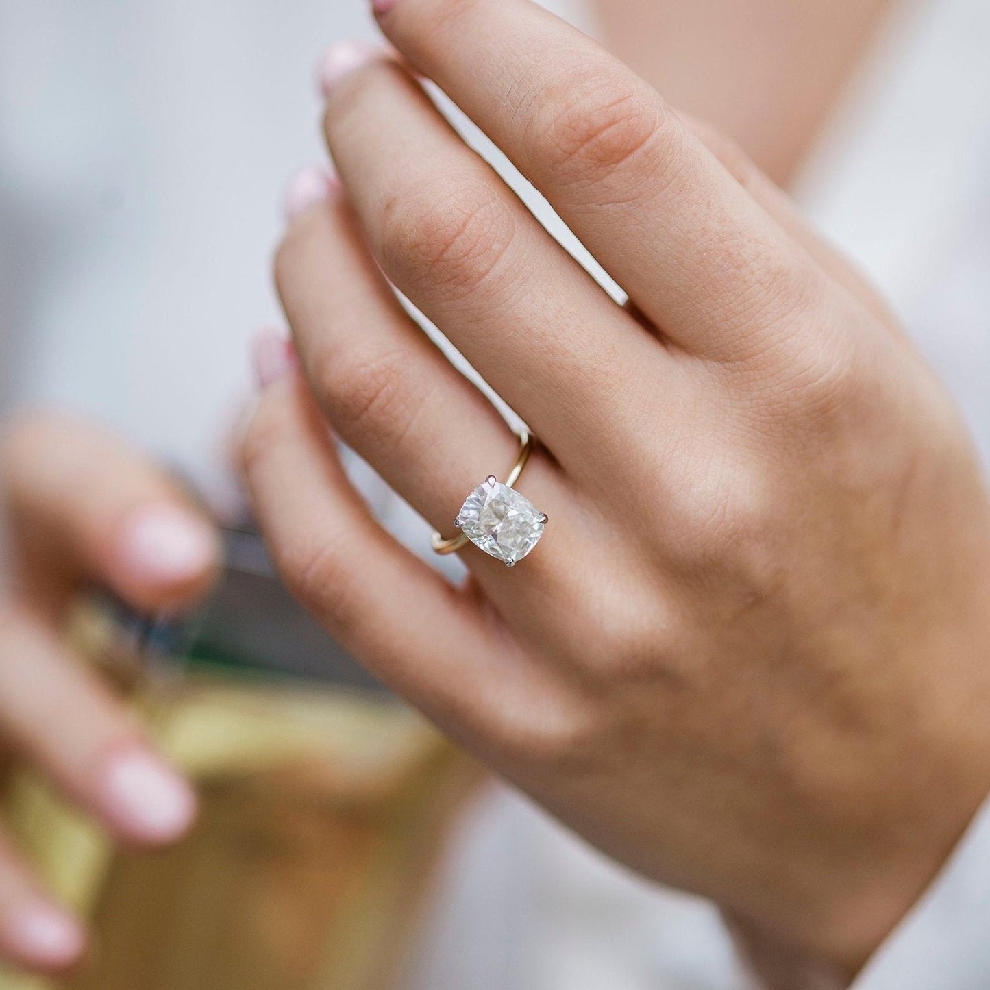 Elongated Cushion Hidden Halo Lab Grown Diamond Engagement Ring