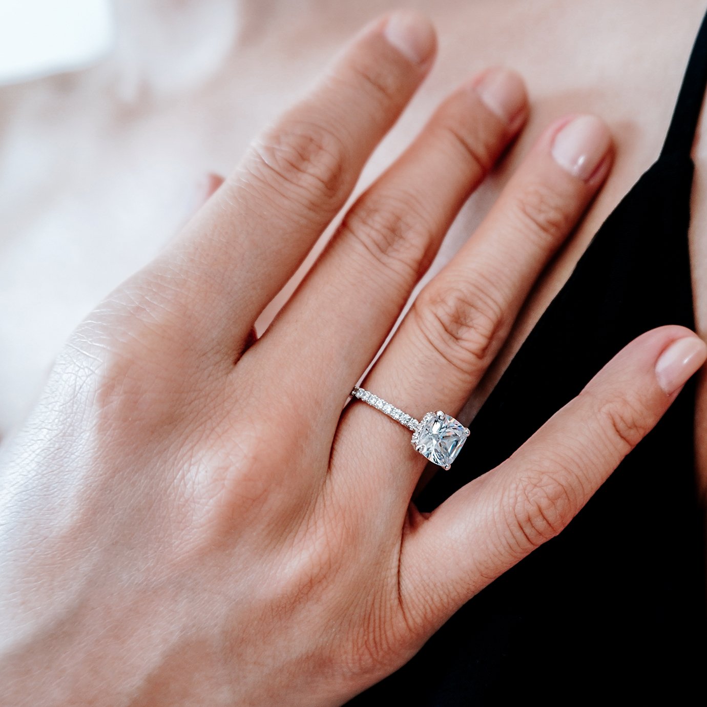 2.0 CT Cushion Shaped Moissanite Hidden Halo Engagement Ring 2