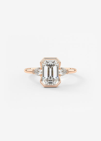 Emerald Three Stone Bezel Lab Grown Diamond Engagement Ring