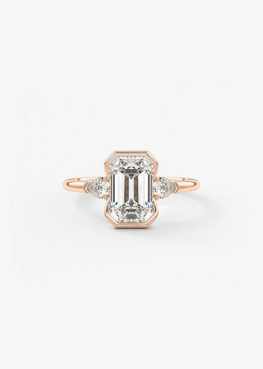 Emerald Three Stone Bezel Lab Grown Diamond Engagement Ring