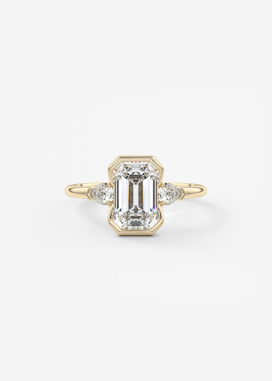 Emerald Three Stone Bezel Lab Grown Diamond Engagement Ring