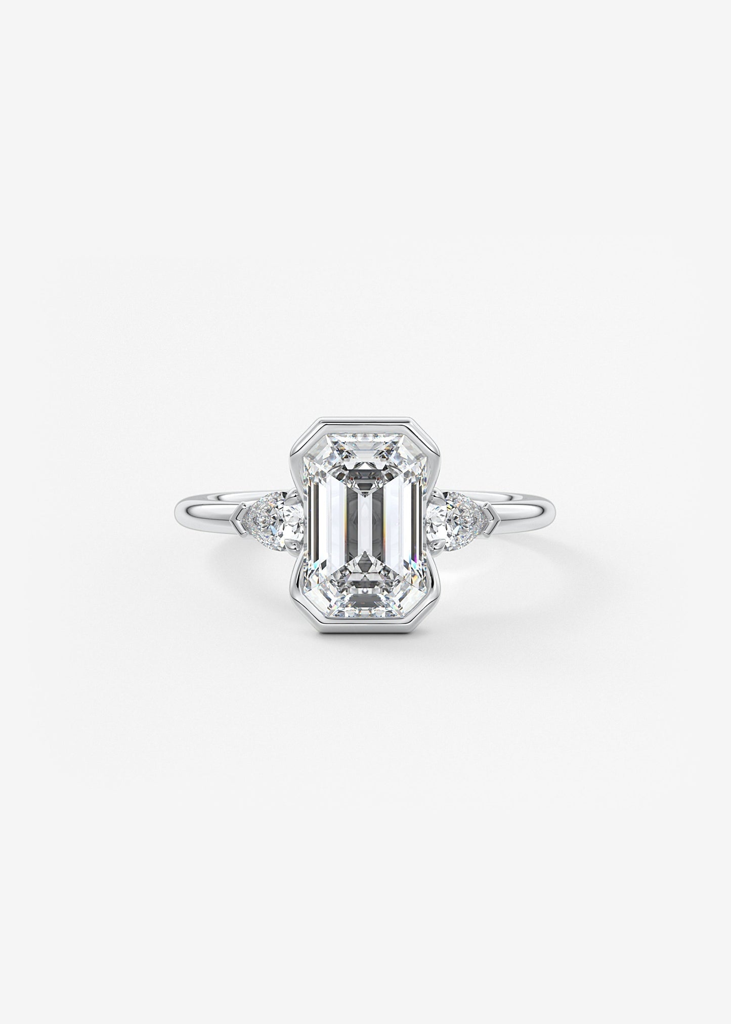 Emerald Three Stone Bezel Lab Grown Diamond Engagement Ring