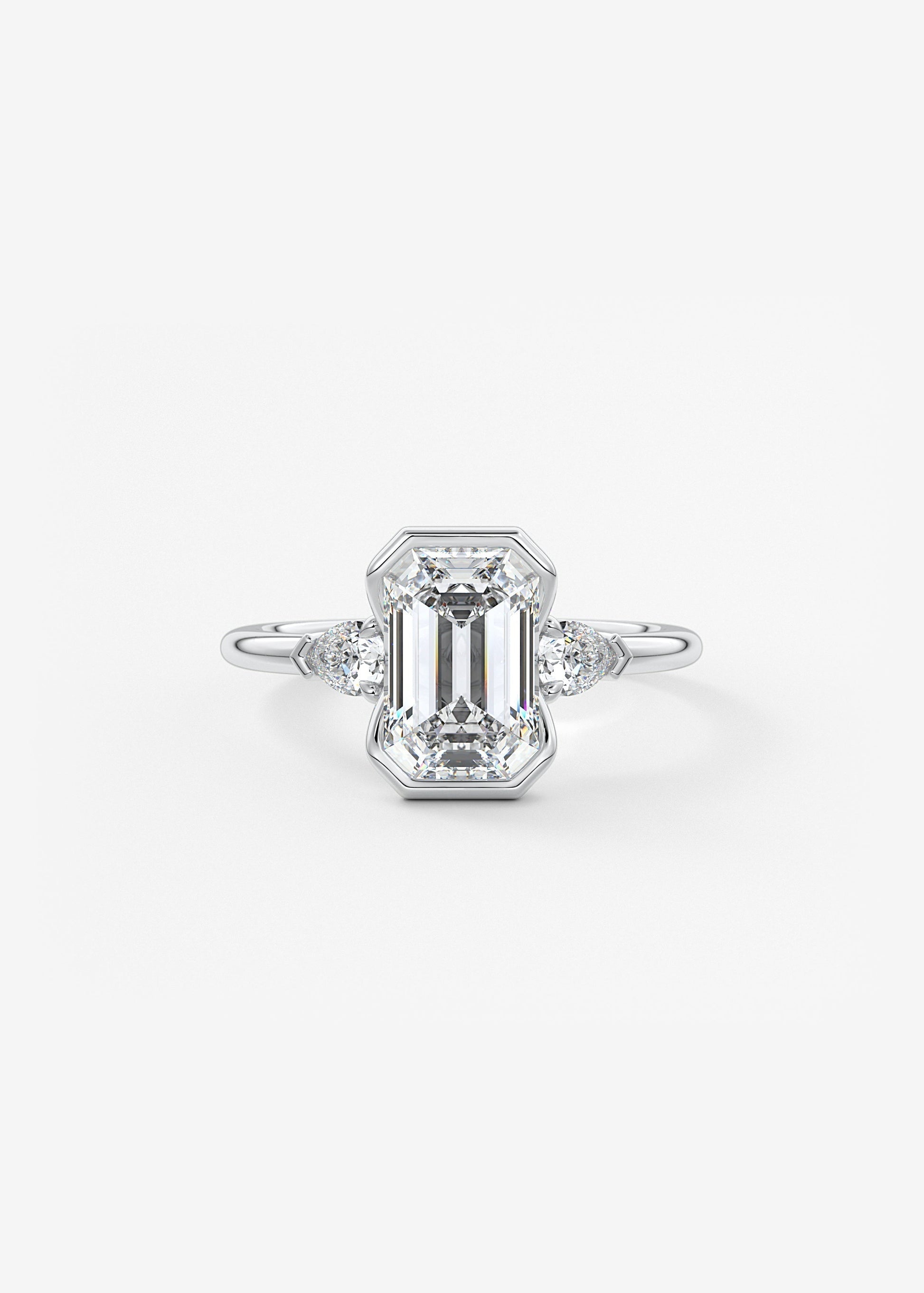 Emerald Three Stone Bezel Lab Grown Diamond Engagement Ring