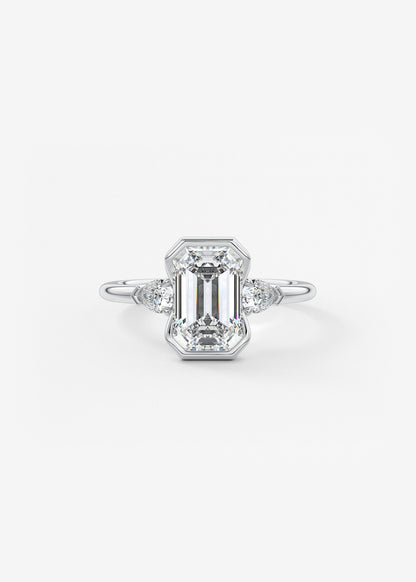 Emerald Three Stone Bezel Lab Grown Diamond Engagement Ring