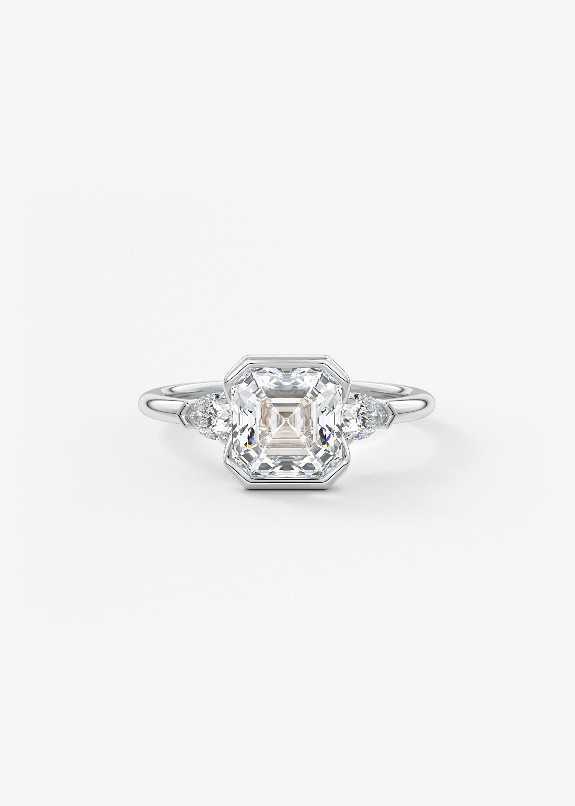 Asscher Three Stone Bezel Lab Grown Diamond Engagement Ring