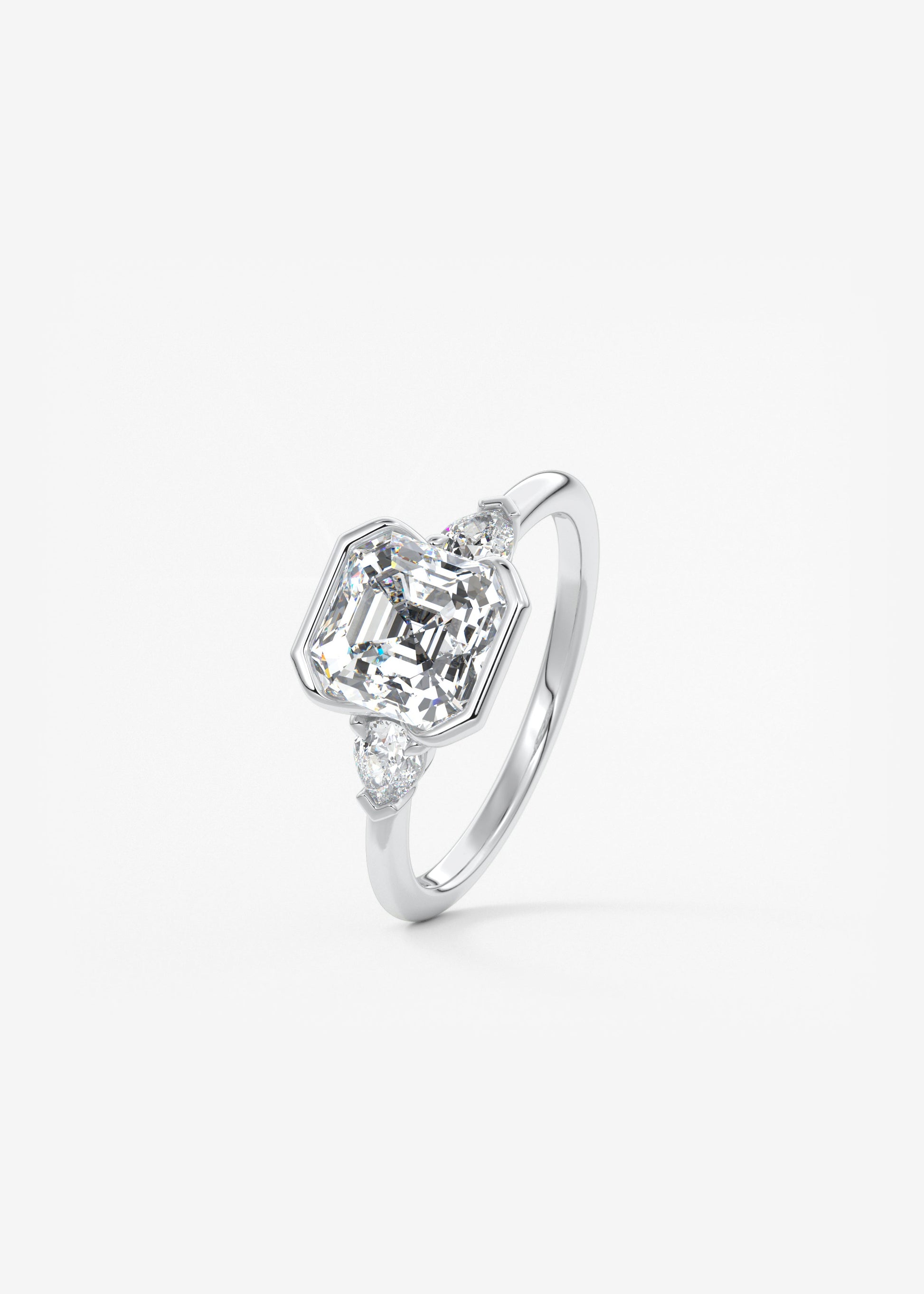 Asscher Three Stone Bezel Lab Grown Diamond Engagement Ring