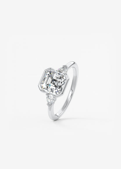 Asscher Three Stone Bezel Lab Grown Diamond Engagement Ring