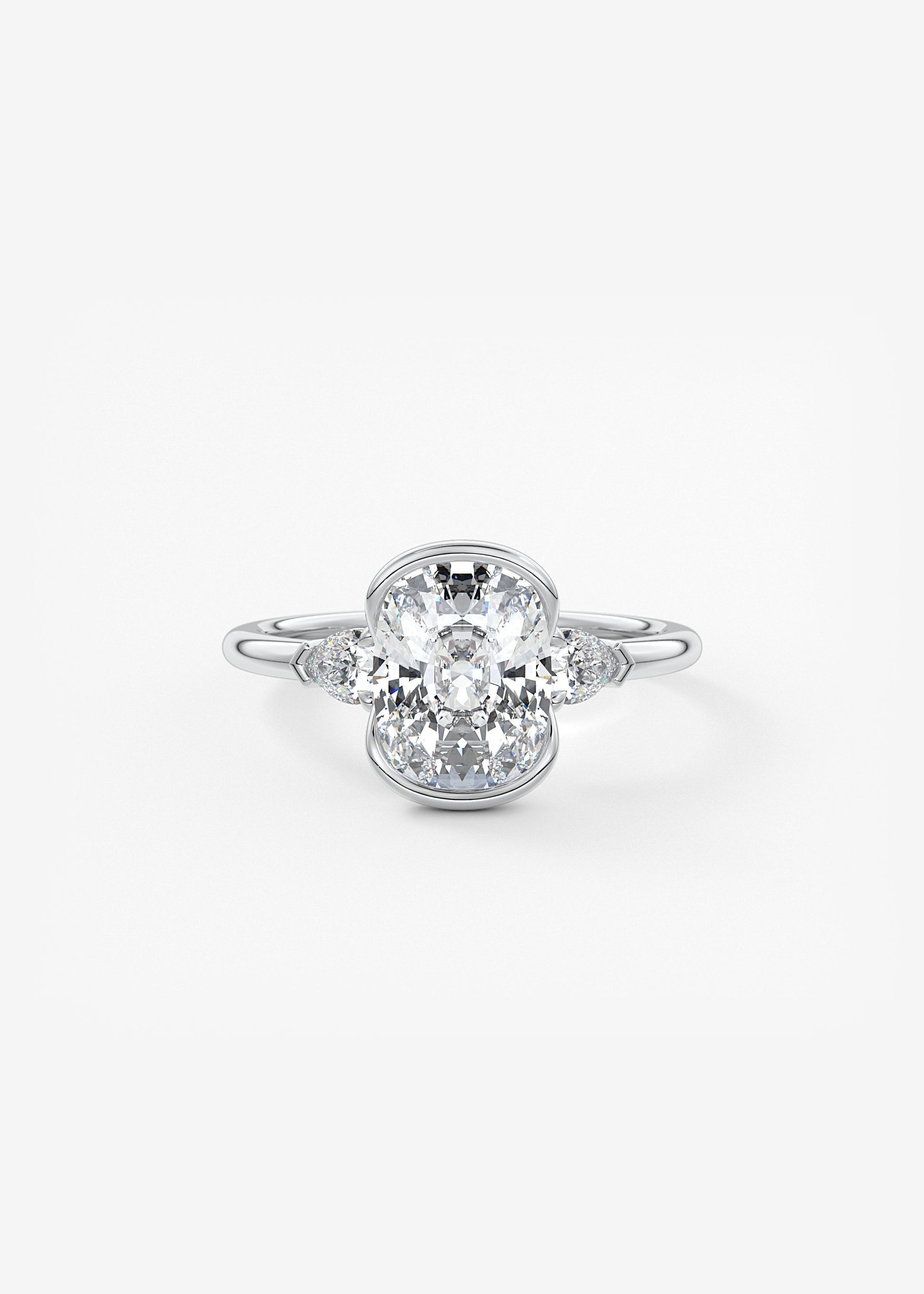 Elongated Cushion Three Stone Bezel Lab Grown Diamond Engagement Ring