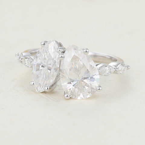 0.90 CT  Marquise & 1.93 CT Pear Shaped Moissanite Two Stone Engagement Ring 2