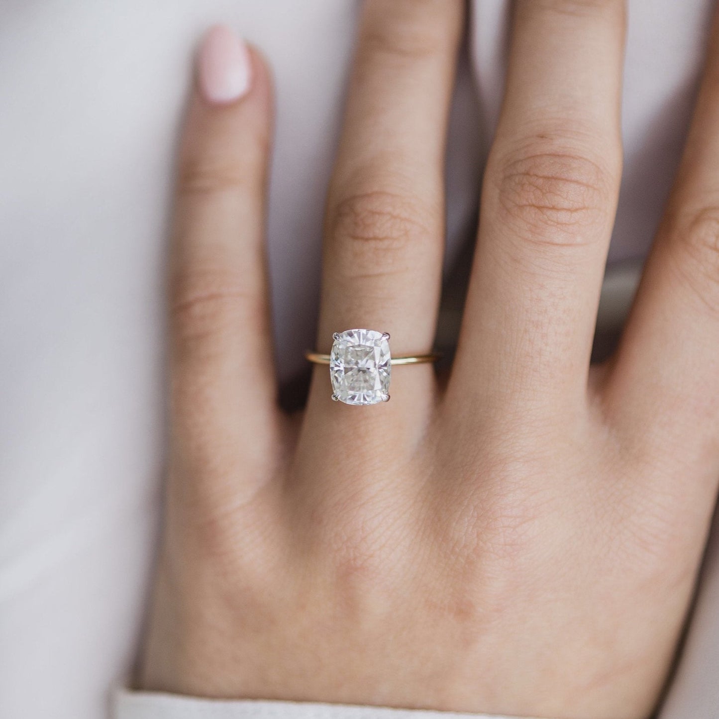 Elongated Cushion Hidden Halo Lab Grown Diamond Engagement Ring