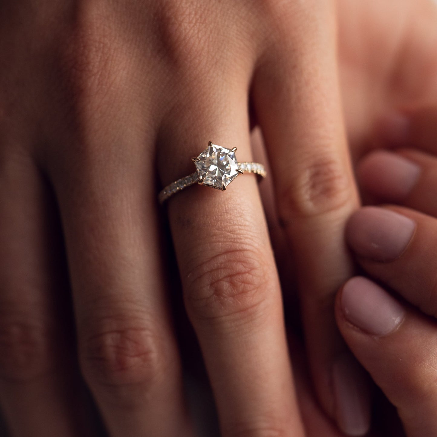 Hexagon Hidden Halo & Pave Moissanite Engagement Ring