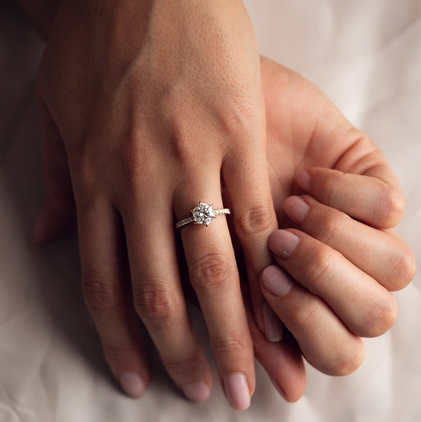 Hexagon Hidden Halo & Pave Moissanite Engagement Ring