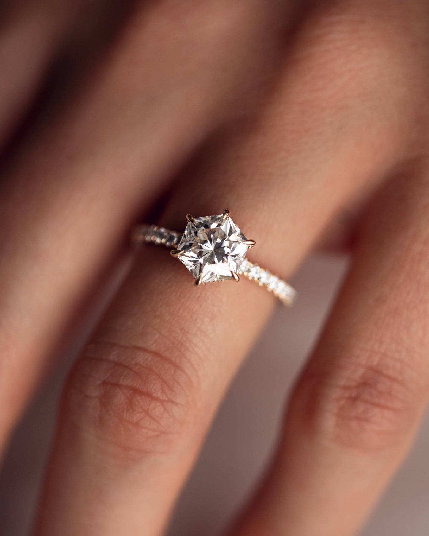 1.3 CT Hexagon Cut Hidden Halo Pave Lab Grown Diamond Engagement Ring