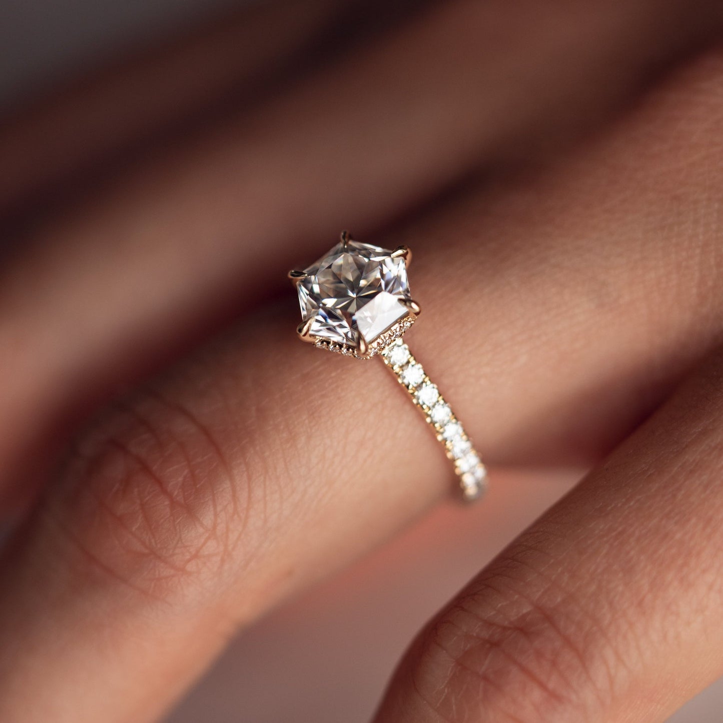 Hexagon Hidden Halo & Pave Moissanite Engagement Ring