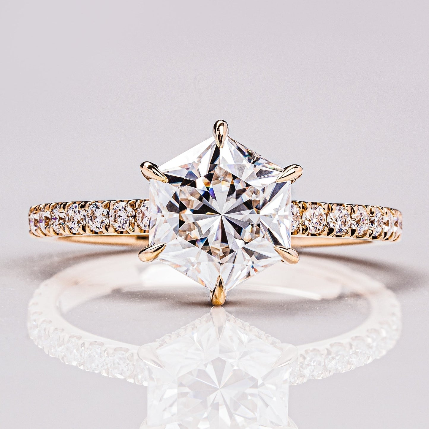 Hexagon Hidden Halo & Pave Moissanite Engagement Ring