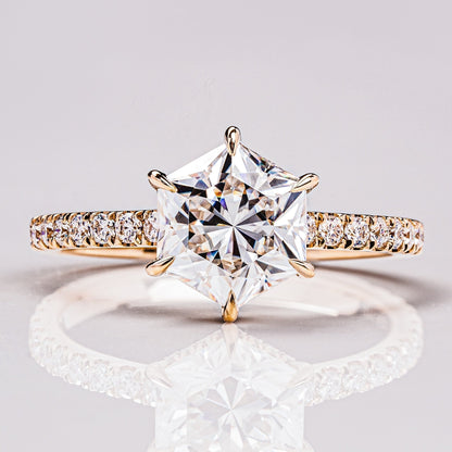 Hexagon Hidden Halo & Pave Moissanite Engagement Ring