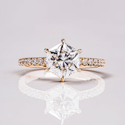Hexagon Hidden Halo & Pave Moissanite Engagement Ring