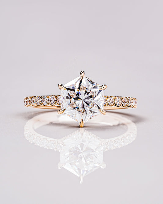 1.3 CT Hexagon Cut Hidden Halo Pave Lab Grown Diamond Engagement Ring