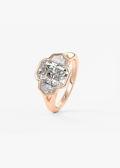 Radiant Three Stone/Bezel Lab Grown Diamond Engagement Ring