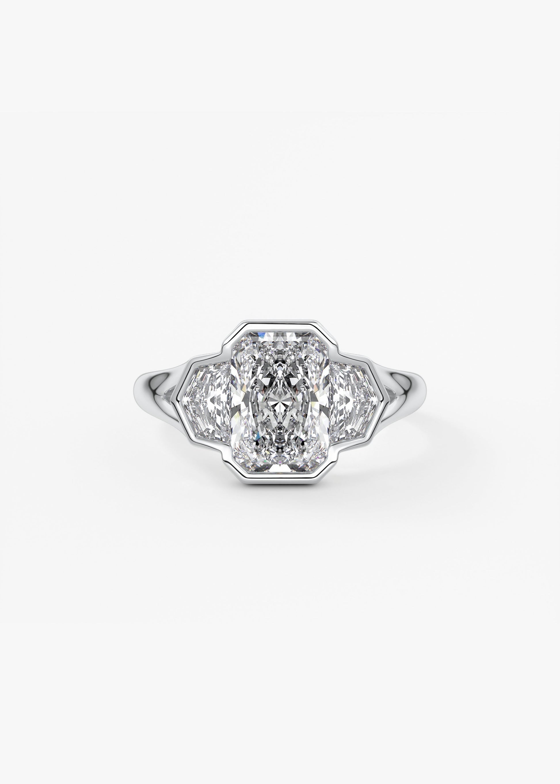 Radiant Three Stone/Bezel Lab Grown Diamond Engagement Ring