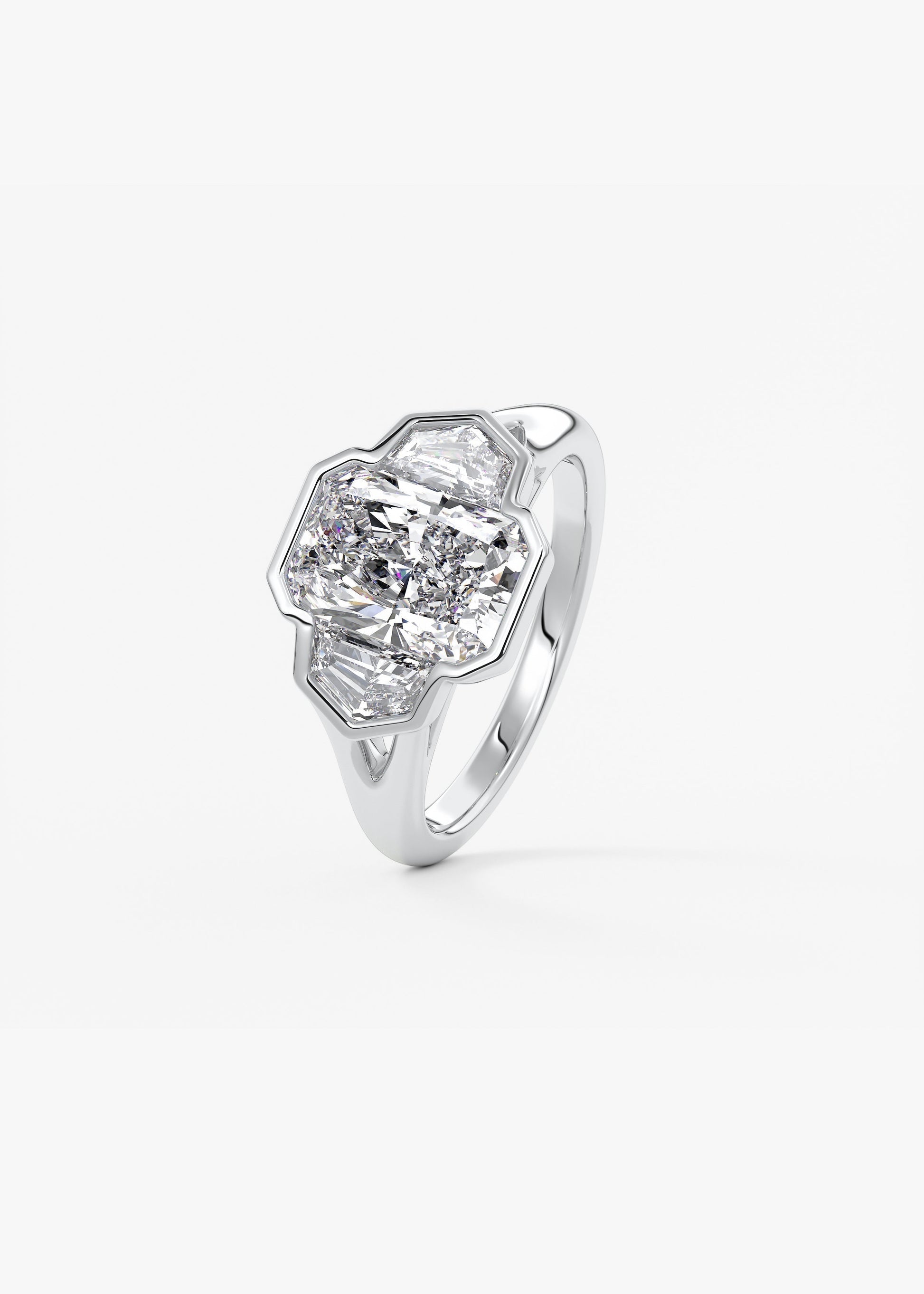 Radiant Three Stone/Bezel Lab Grown Diamond Engagement Ring